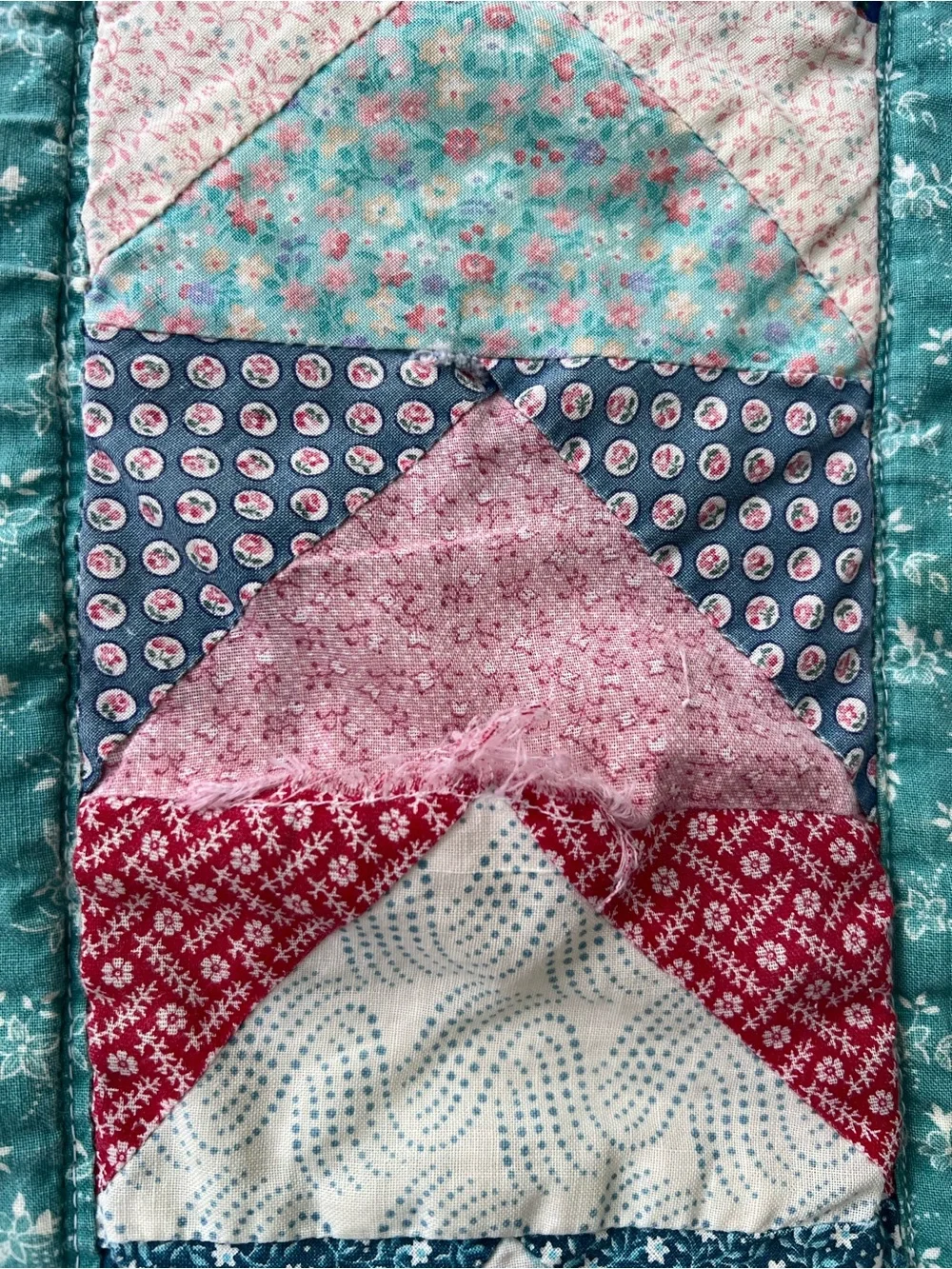 Vintage Early 1990s Calico Revival Quilt,Flying Geese Patchwork,Teal Cottagecore